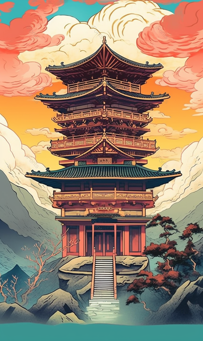 传统建筑国潮风风景楼阁插画背景,插画/手绘图,插画/手绘图库,插画/手绘图下载,插画/手绘